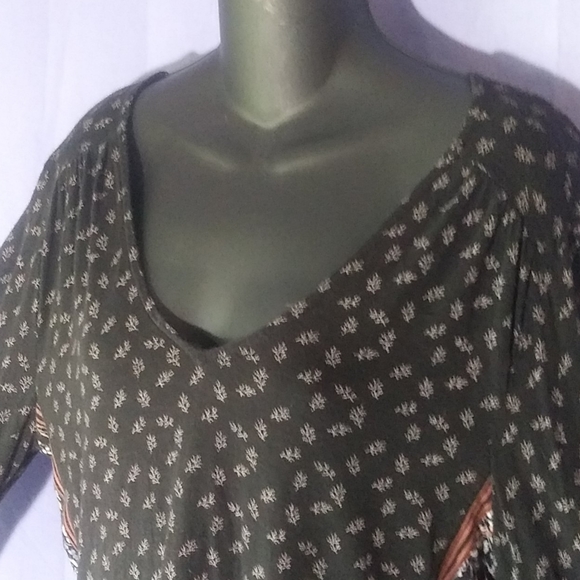 Lucky Brand, boho, black printed, 3/4 sleeve, top - Picture 3 of 12